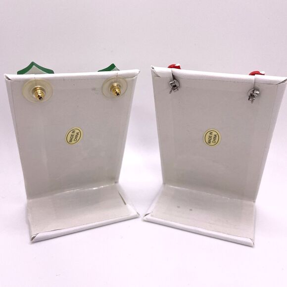 Christmas Earrings Studs Set of 2 Holly & Santa Red Green Cute Festive Jewelry - Picture 2 of 5